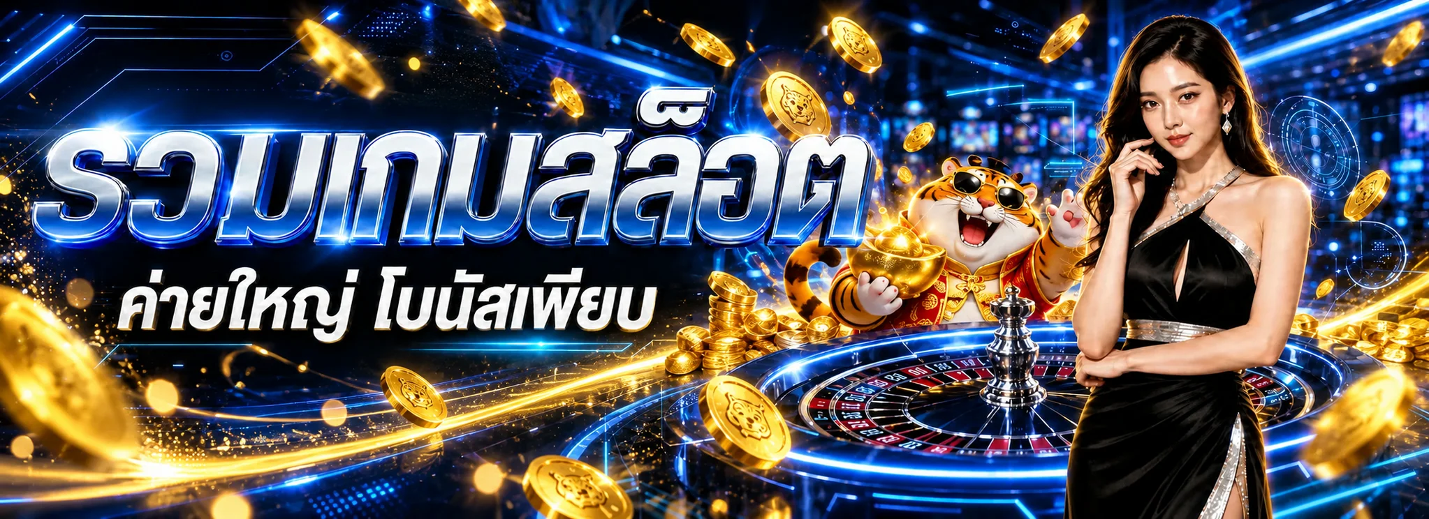 แบนเนอร์รวมเกมสล็อต OKHA555 โทนฟ้าและทอง